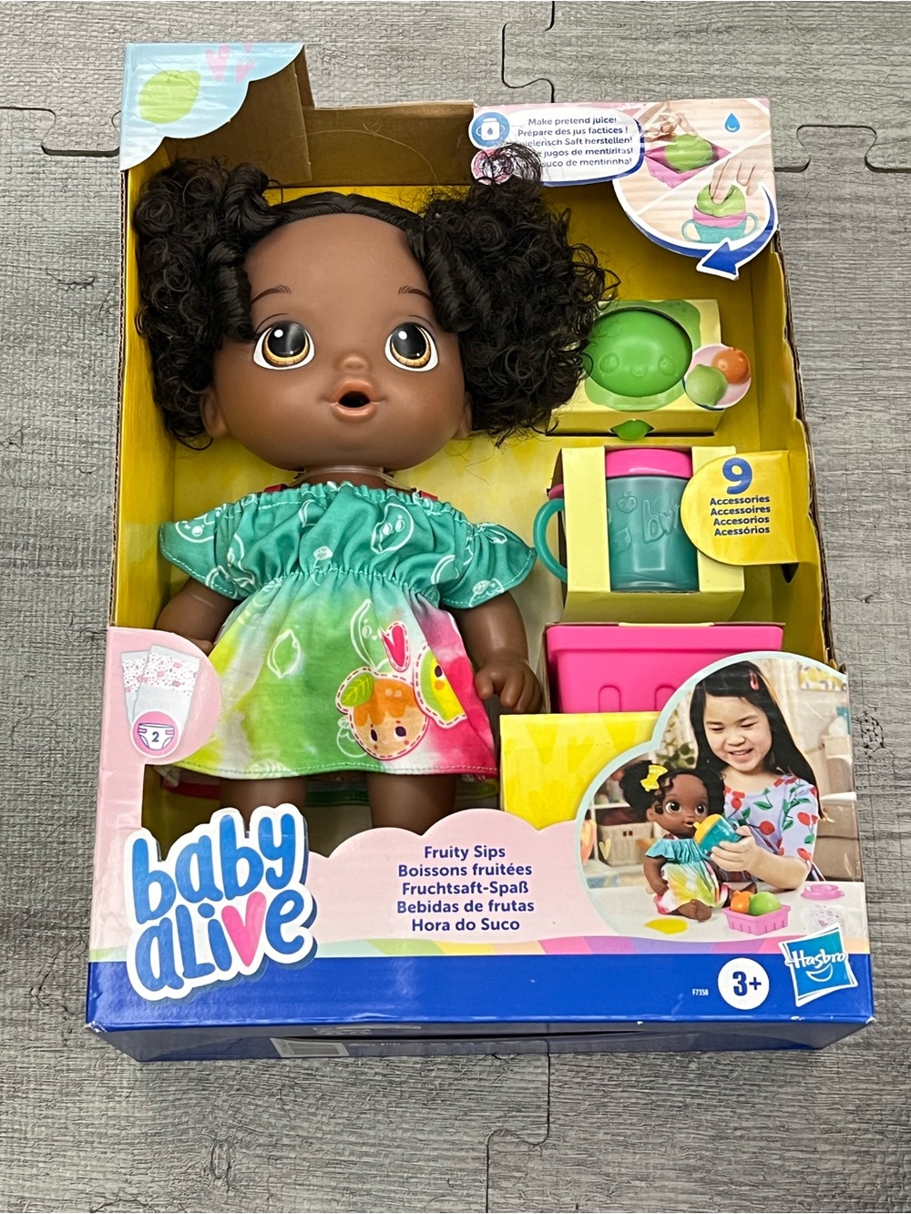 Baby Alive Fruity Sips 30cm Dark Hair Brown Eyes Doll 9pc Set Ages 3+